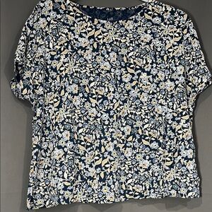 J. Jill Women's Floral Luxe Supima Relaxed Tee - Navy and Peach Petite Medium